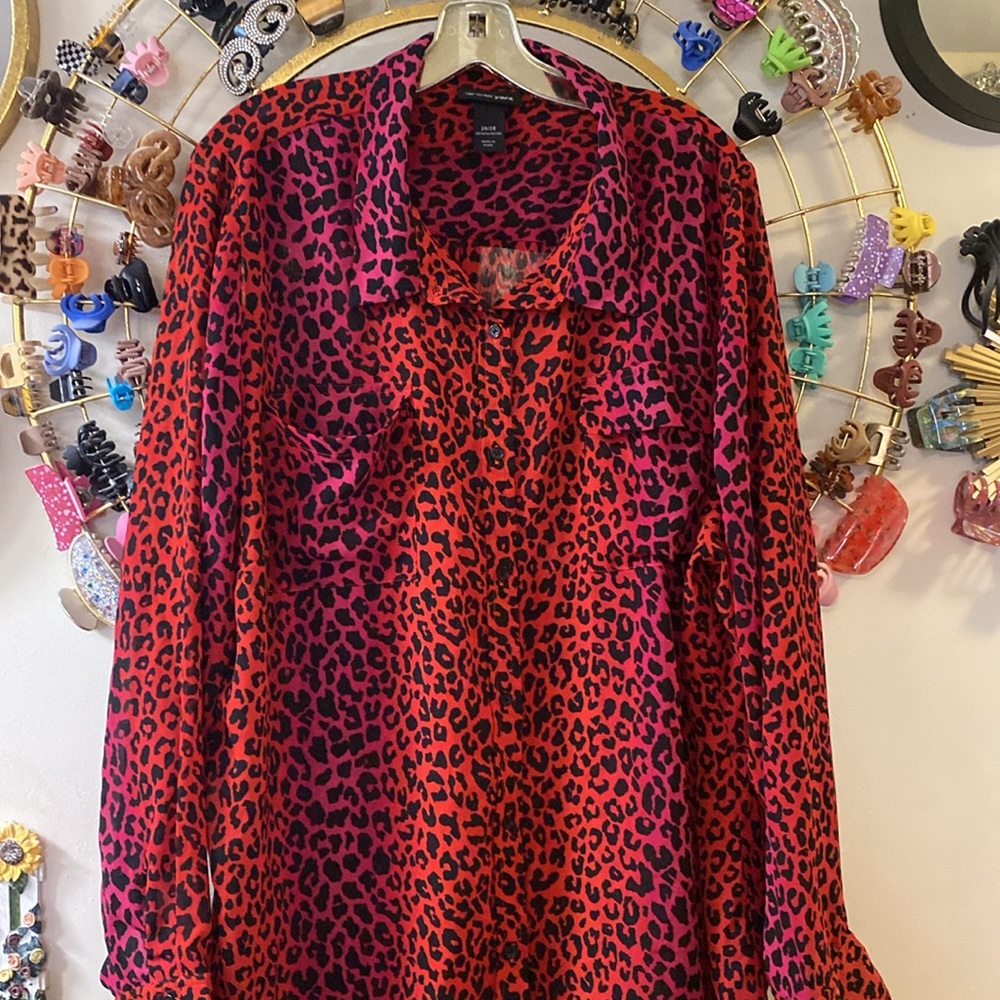 Lane Bryant Red, Black & Pink Sheer Leopard Fashion Blouse - EUC - Size 26/28